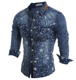 2018 New Cowboy Men's Shirt Long-sleeved Men Denim Shirt Brand Fashion Denim Shirt Star Pattern Asian Size Blue