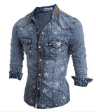 2018 New Cowboy Men's Shirt Long-sleeved Men Denim Shirt Brand Fashion Denim Shirt Star Pattern Asian Size Blue