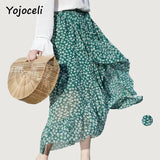 Ruffle bow print green skirt