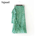 Ruffle bow print green skirt